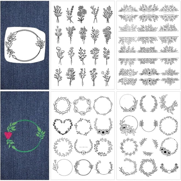 4 Sheets Flower Wreath Water Soluble Embroidery Stabilizers Hand Sewing Stick and Stitch Transfers Paper Wash Away Pre-Printed Self Adhesive Patterns DIY