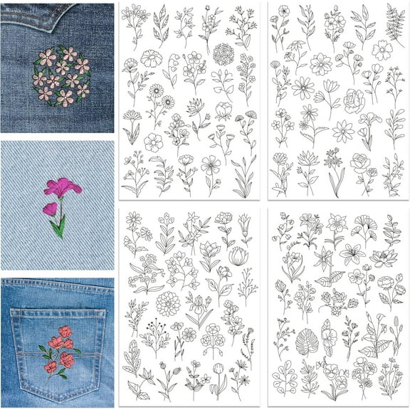 4 Sheets Flowers and Leaves Water Soluble Hand Sewing Stabilizers for Fabric Embroidery Stitch Practice Eembroidery Patterns Transfers for Embroidery Beginners Lovers