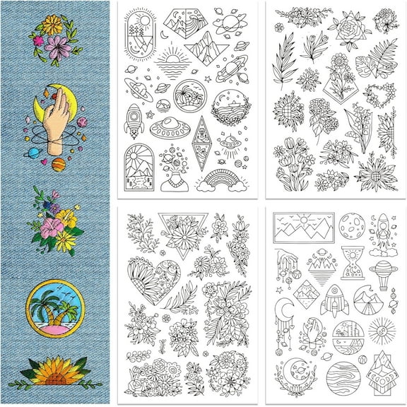 4 Sheets Flowers Pattern Water Soluble Hand Sewing Stabilizers Celestial Stick and Stitch Embroidery Designs Paper for Fabric Embroidery Stitch Practice Embroidery Patterns Transfers colorful