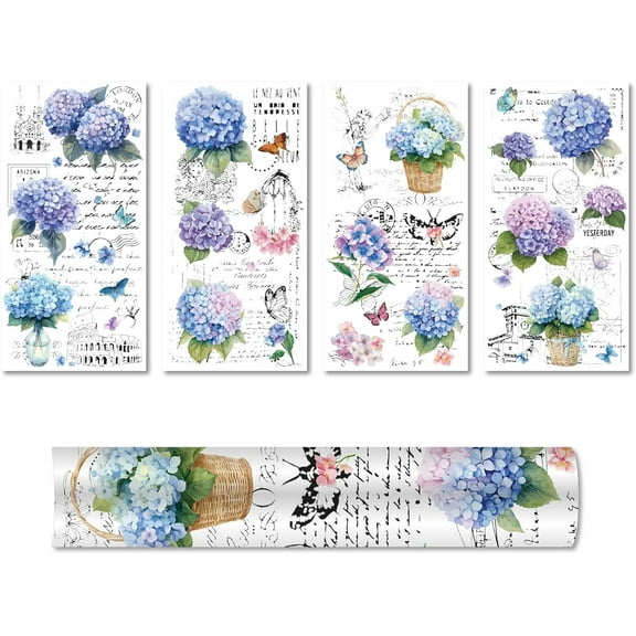 4 Sheets Flowers Rub on Transfers for Furniture Crafts Hydrangea Blue Floral Rub On Transfer Stickers Transfers Vintage Decals Waterproof for Wood Fabric DIY Craft Home 11.8x5.9Inch