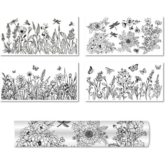 4Pcs Flowers Wall Decals Grass Wall Stickers PVC Waterproof Decorative Stickers Butterfly Dragonfly Wall Murals Art Self Adhesive Decals for Furniture Decoration Home Living Room 15x30cm