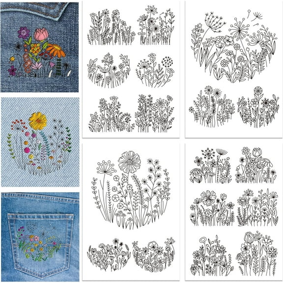 4 Sheets Flowers Water Soluble Hand Sewing Stabilizers for Fabric Dandelion Daisy Embroidery Stitch Practice Eembroidery Patterns Transfers DIY