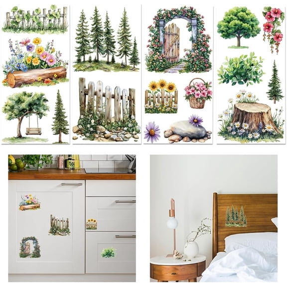 4 Sheets Garden Transfer 11.8x5.9inch Tree Daisy Lily Flower Leaves Rub on Transfer Sticker UV Self-Adhesive Wall Art Decals Craft for Bedroom Living Room Desk Table Decoration