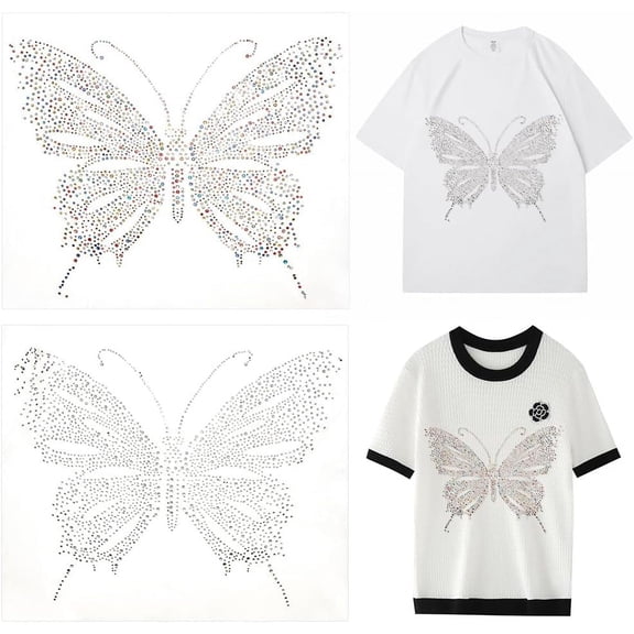 4 Sheets Glitter Hotfix Rhinestone Butterfly Applique 2 Colors Butterfly Iron on Decals Bling Rhinestone Stickers Sparkle Glass Hotfix Patches for Clothing Crafts Costumes Decoration colorful