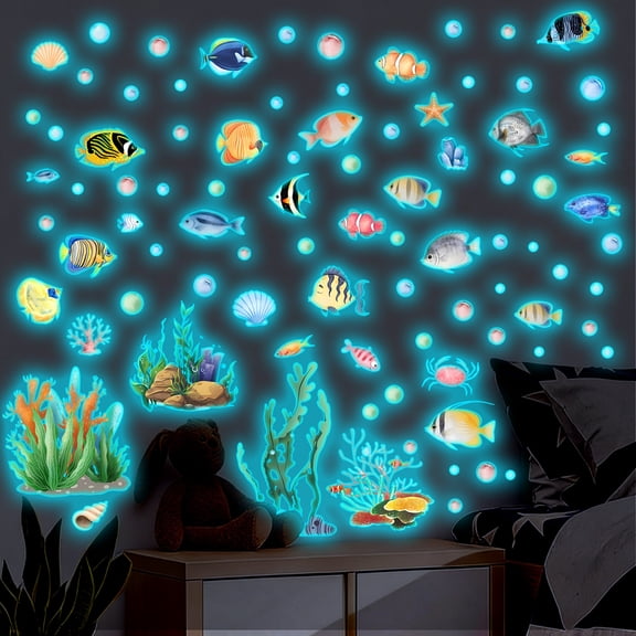 4 Sheets Glow in the Dark Ocean Wall Decals Underwater Fish and Sea Life Blue Luminous Stickers for Kids Room Bedroom Living Room Playroom Decor