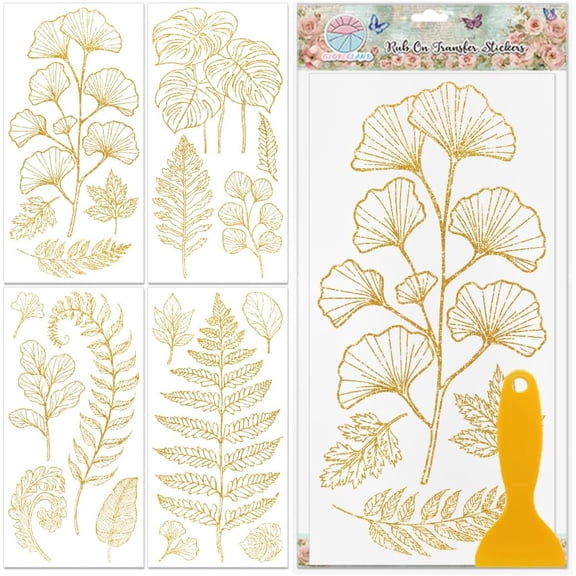 4 Sheets Gold Leaf Furniture Transfers Stickers 6x12inch Fern Leaves Rub on Transfer UV Self-Adhesive Stickers Wall Art Craft for Bedroom Living Room Desk Table Decoration Gray