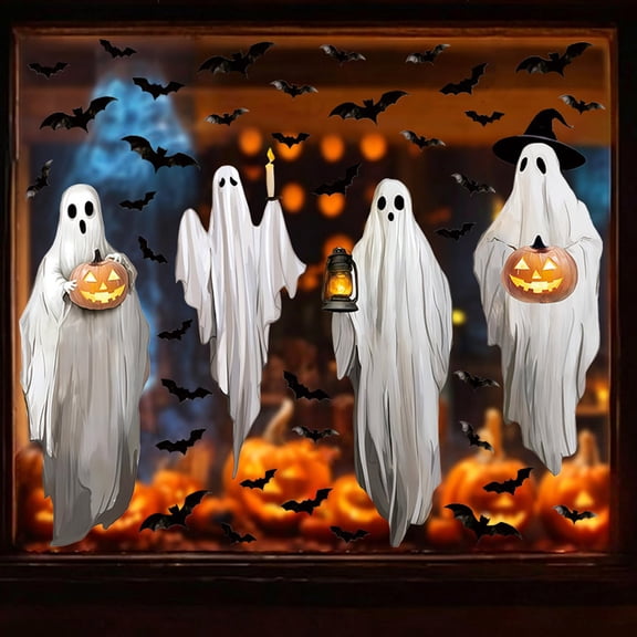 4 Sheets Halloween Window Clings Static Decals Ghost Holding Pumpkin Cow Print, Double Sided Reusable PVC Stickers Large Spooky Glass Decor for Home Party Classroom