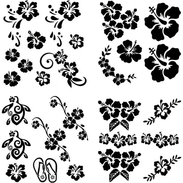 4 Sheets Hawaiian Hibiscus Flower Car Decal Black Laser Reflective Car