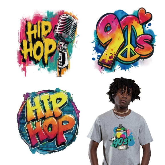 4 Sheets Hip-Hop Style Iron on Stickers Hip-Hop Simple Graffiti Print Transfer Stickers Decals