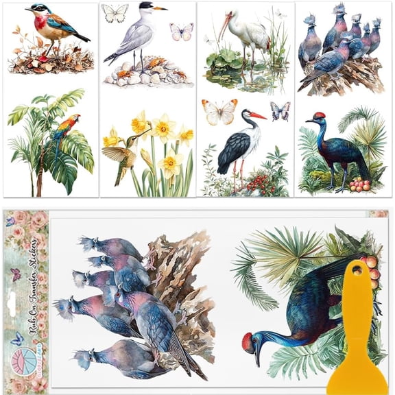 4 Sheets Hummingbirds Furniture Transfer 11.8x5.9inch Parrots Rub on Transfer Sticker Flowers Leaves UV Self-Adhesive Wall Art Decals Craft