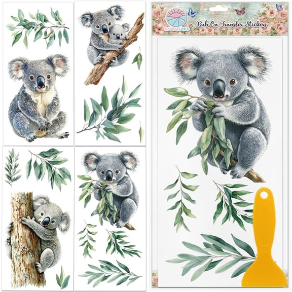 4 Sheets Koala Rub on Transfers Eucalyptus Leaves Furniture Decor Transfers Sticker Spring Animal Decal UV Transfers Decal Craft for Bedroom Living Room Desk Table Decoration