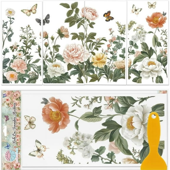 4 Sheets Light Vintage Florals Furniture Transfer 11.8x5.9inch Butterflies Peonies Rub on Transfer Wildflowers Stickers Wall Art Craft for Bedroom Living Room Desk Table Mixed Color 1set