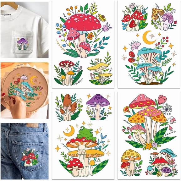4 Sheets Magic Mushrooms Colorful Water Soluble Hand Sewing Stabilizers Fantasy Mushrooms Wash Away Embroidery Stabilizer Embroidery Stitch Practice for Embroidery Beginners Lovers for DIY