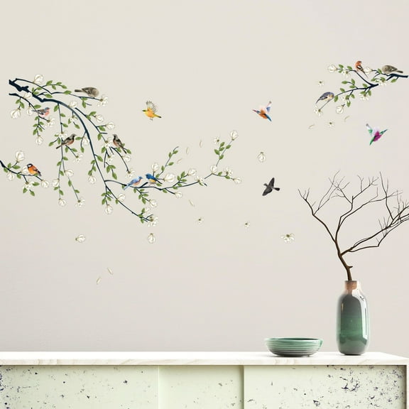 4 Sheets Magnolia Branches Wall Decals White Flowers Wall Stickers DIY Removable Colorful Birds Wall Sticker Petals Falling Home Decoration for Girls Bedroom Living Room Kitchen Bathroom TV Backgroun