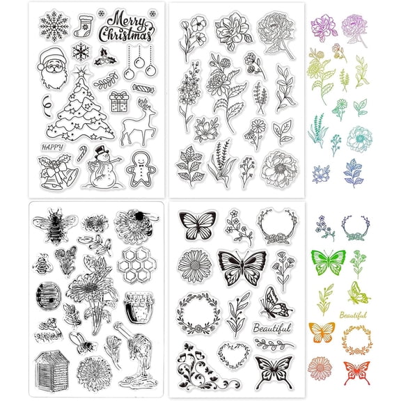 4 Sheets Mixed Theme TPR Clear Stamps with Acrylic Board for Card Making DIY Scrapbooking Photo Album Decorative Paper Craft