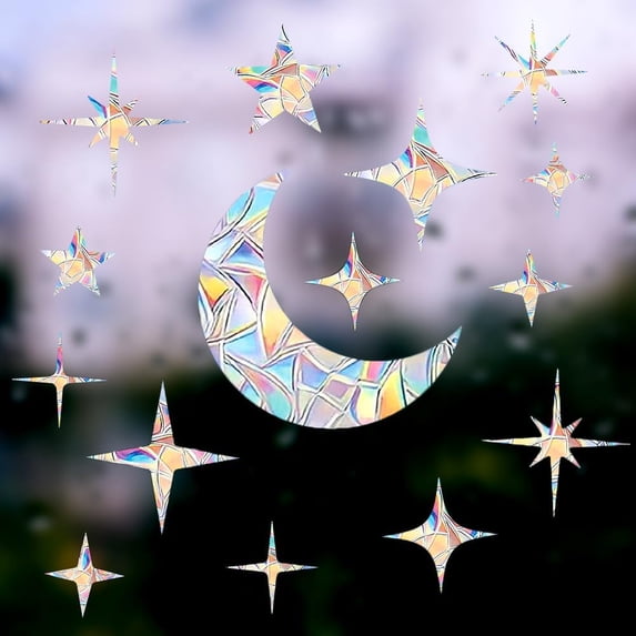 4 Sheets Moon Window Cling Stickers Stars Suncatcher Sticker Planet Universal Windows Film Prismatic Non Adhesive Anti-Collision Sun Catcher Decals for Bird Strikes 12x9 Inch