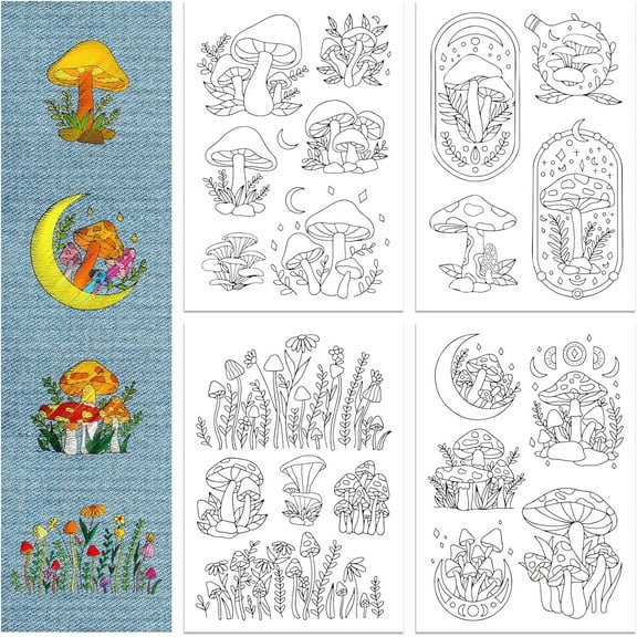 4 Sheets Mushroom Plants Water Soluble Stabilizer Hand Sewing Stabilizers with Pre Printed Stick and Stitch Self Adhesive Wash Away Stabilizer for Bags Cloth Embroidery Hand Sewing Lover Mushroom