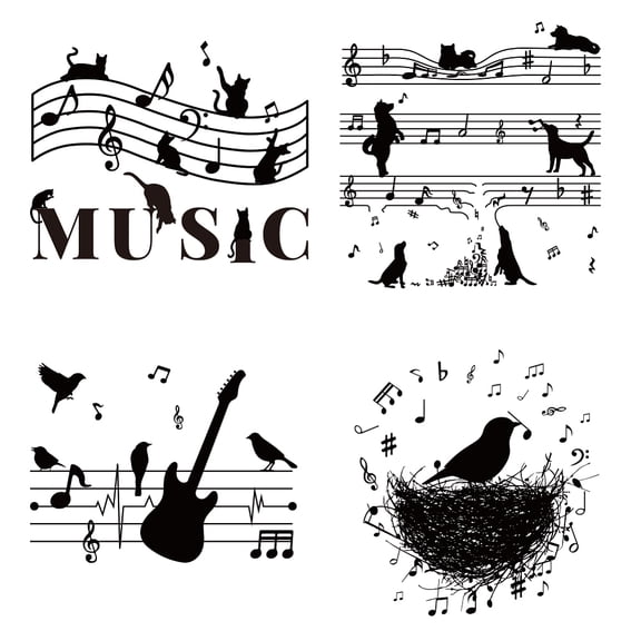 4 Sheets Music Theme Cloth Iron on Stickers Bird Dog Cat Music Notes Heat Transfer Stickers Decals DIY