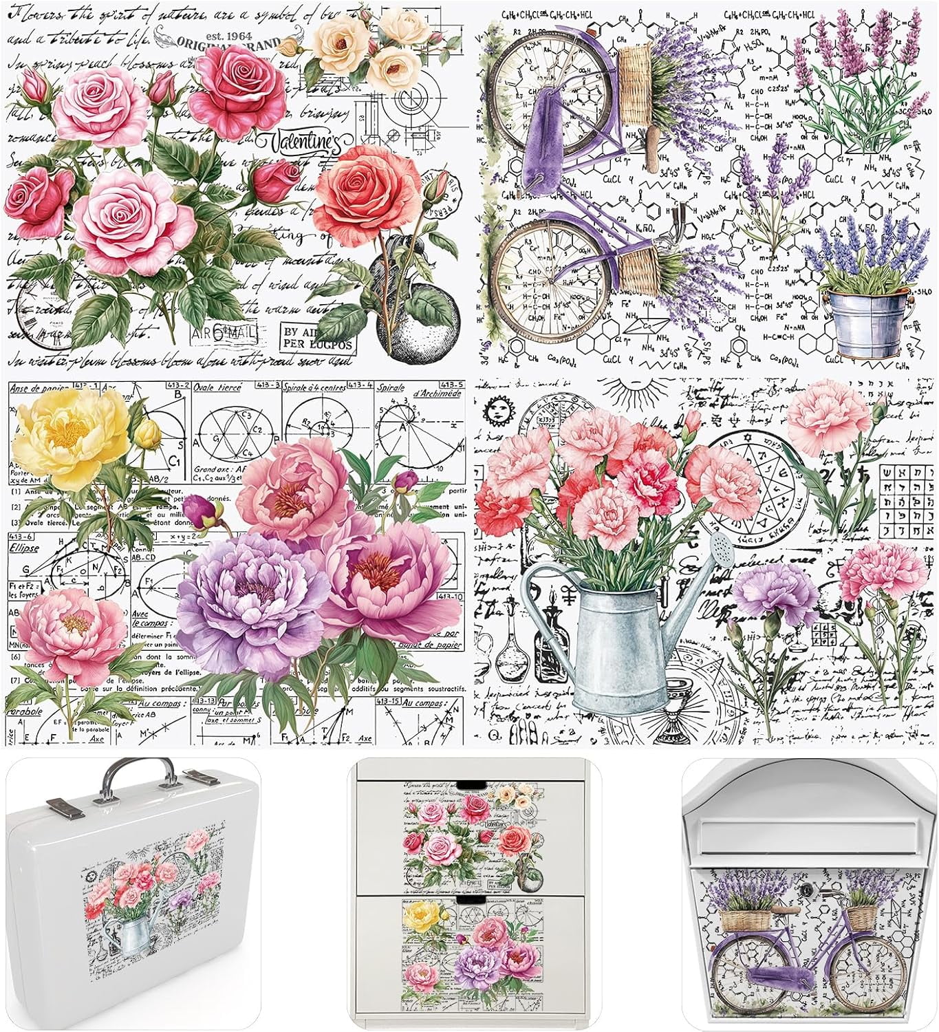 Flower Transfer Stickers 4 Sheets Newspaper Flower Rub On Transfer Sticker, Colorful Flower ...