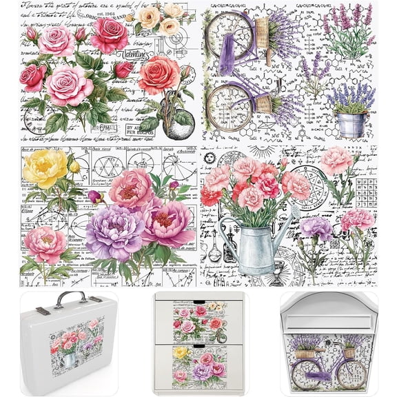 4 Sheets Newspaper Flower Rub On Transfer Sticker, Colorful Flower Stickers Waterproof Furniture Stickers Decals for DIY Scrapbooking Photo Albums Furniture, 9.45 * 11.8in