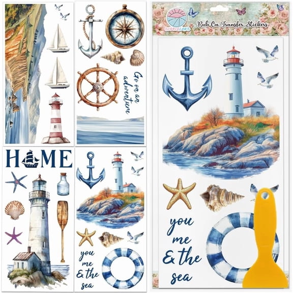 4 Sheets Ocean Lighthouse Furniture Transfer 11.8x5.9inch Landscape Anchor Rub on Transfer Sticker UV Self-Adhesive Wall Art Craft
