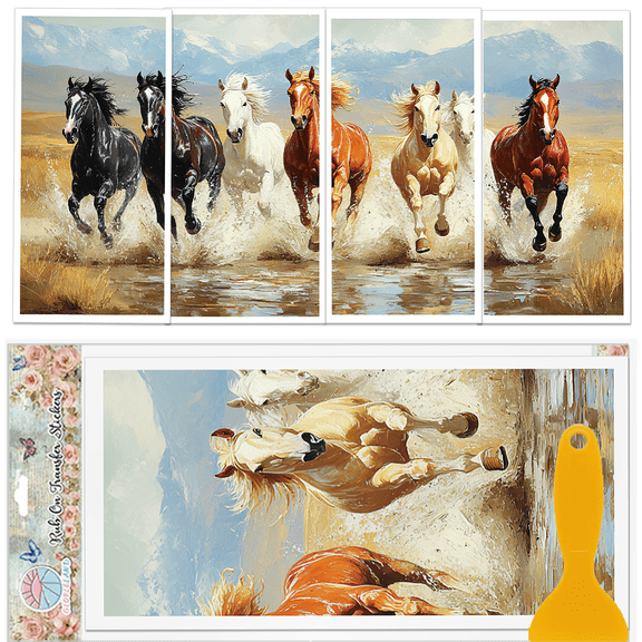 4 Sheets Onrushing Horses Rub on Transfers Grasslands Furniture Decor Transfer Snow-Capped Mountains Decal Transfers StickersDIY