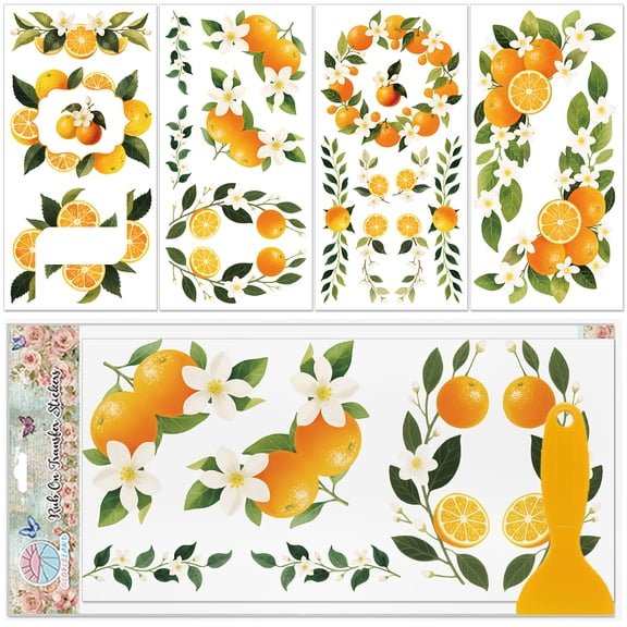 4 Sheets Oranges Fruits Frames Rub on Transfer Stickers for Furniture 12x6inch White Flowers Transfer Decals Plants Corners UV Self-Adhesive Stickers