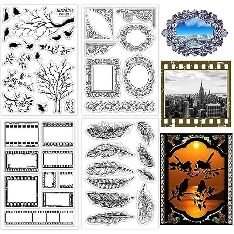 4 Sheets Photo Frame Film Frame Clear Stamps for Card Making Feather Plants  Silicone Clear Stamp Seals Transparent Stamps for DIY Scrapbooking Journals  Decorative Photo Album 