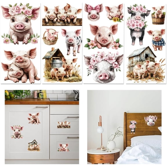 4 Sheets Pig Transfer 11.8x5.9inch Animal Pigsty Flower Rub on Transfer Sticker UV Self-Adhesive Wall Art Decals Craft for Farm Bedroom Living Room Desk Table Decoration