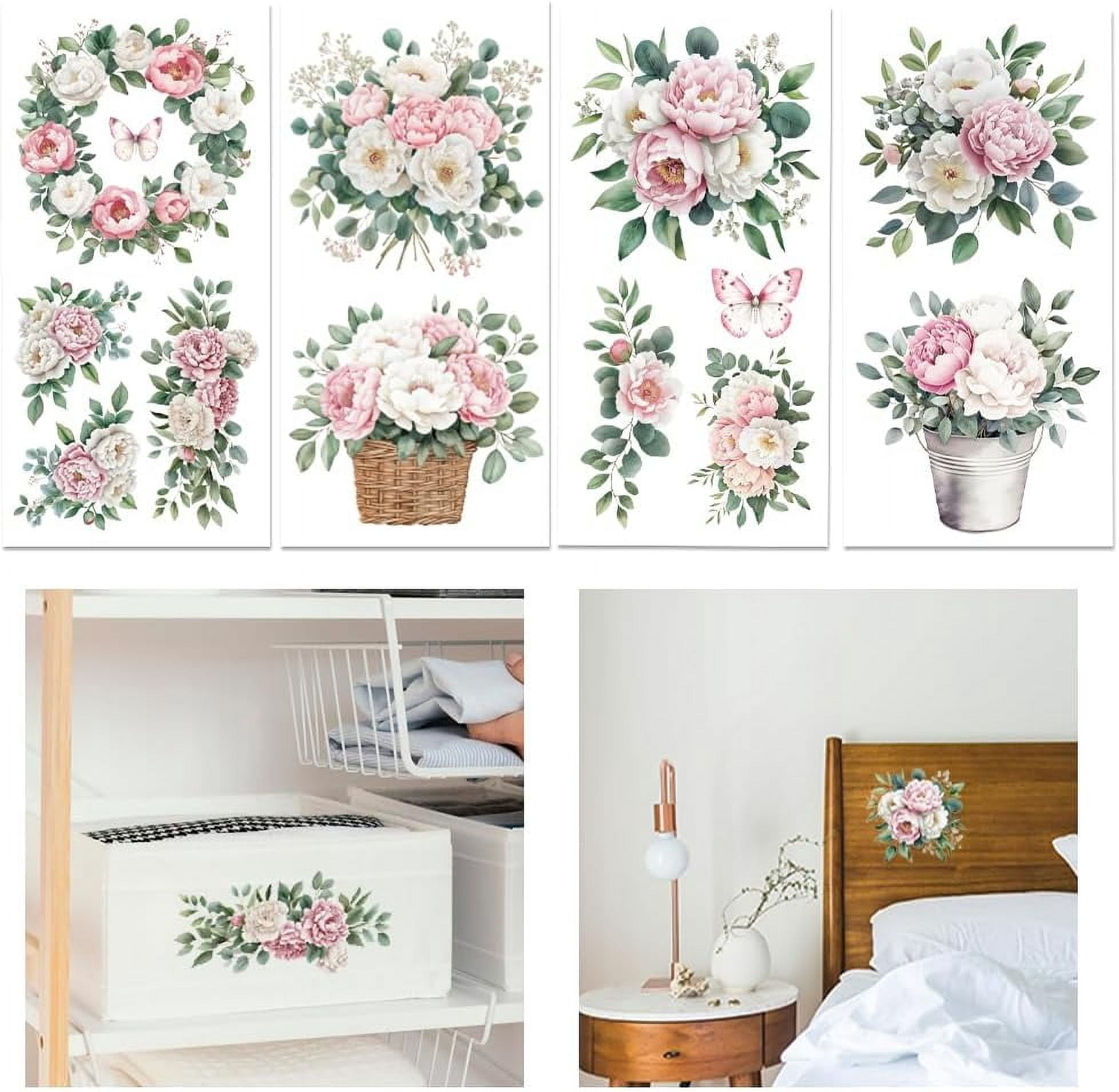 Flower Transfer Stickers 4 Sheets Pink and White Flowers Transfer 11.8x5.9inch Peony Wreath Rub ...