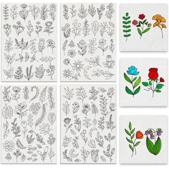 4 Sheets Plants Sewing Embroidery Stabilizers 109pcs Flowers Grass Embroidery Paper with Pre-Printed Water Soluble Stabilizer for Embroidery Hand Sewing Lover Beginners