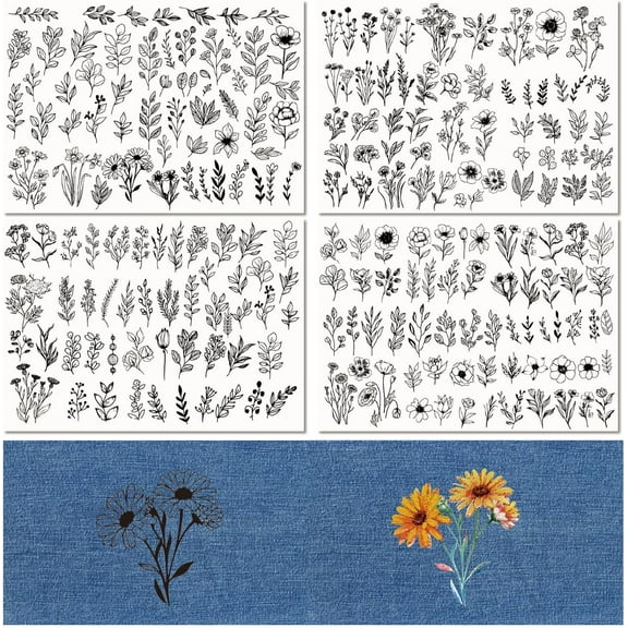 4 Sheets Plants Water Soluble Stabilizer for Embroidery Stick and Stitch Embroidery Transfers Paper Flower Fusible Cut Away Stabilizer for Embroidery Hand Sewing Lover Beginners Making DIY