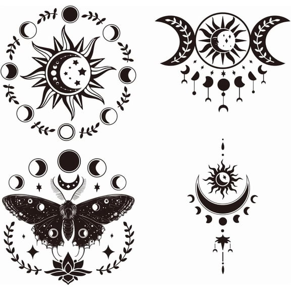 4 Sheets Plastic Iron-On Transfer Logo Stickers Black Moon Phase Theme Pattern Heat Transfer Film Sticker Set for DIY T-Shirt Hat Jacket Bag Curtain Decoration Accessories
