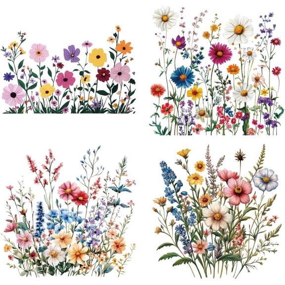 4 Sheets Plastic Iron-On Transfer Logo Stickers Colorful Wildflower Theme Pattern Heat Transfer Film Sticker Set DIY