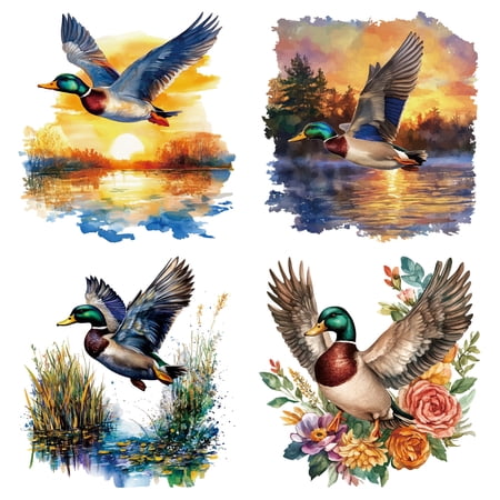 4 Sheets Plastic Iron-On Transfer Logo Stickers Flying Mallard Theme Pattern Heat Transfer Film Sticker Set Hat Jacket T-Shirt Bag Curtain