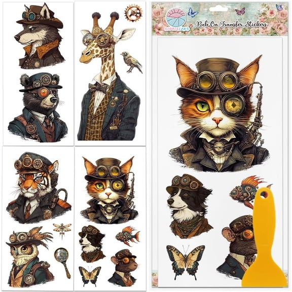 4 Sheets Punk Animals Furniture Transfer 11.8x5.9inch Retro Gears Rub on Transfer Sticker UV Self-Adhesive Wall Art Decals Craft for Farm Bedroom Living Room Desk Table Decoration