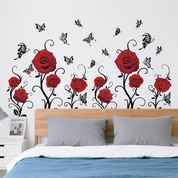 4 Sheets Red Roses Wall Stickers Valentine's Day Flowers Butterfly Wall Decals Peel and Stick Vinyl Art Murals