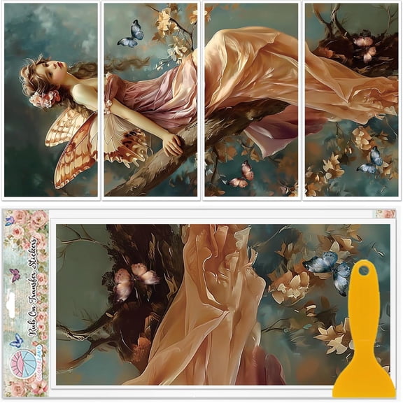 4 Sheets Retro Fairy Furniture Transfers Stickers 6x12inch Vintage Butterfly Rub on Transfer UV Self-Adhesive Stickers Wall Art Craft for Bedroom Living Room Desk Table Decoration Colorful