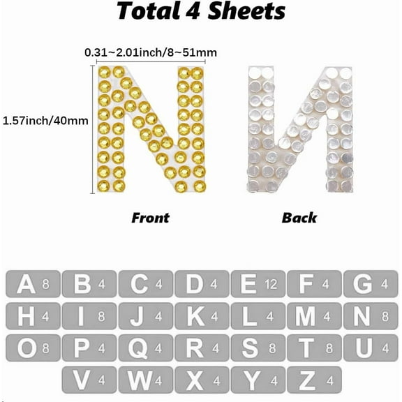 4 Sheets Rhinestone Alphabet Letter Stickers Gold Bling Stickers A to Z Alphabets 4cm Half Round Gem Glitter Self Adhesive Decals for Phone Case Laptop Scrapbook Clothing Art Crafts