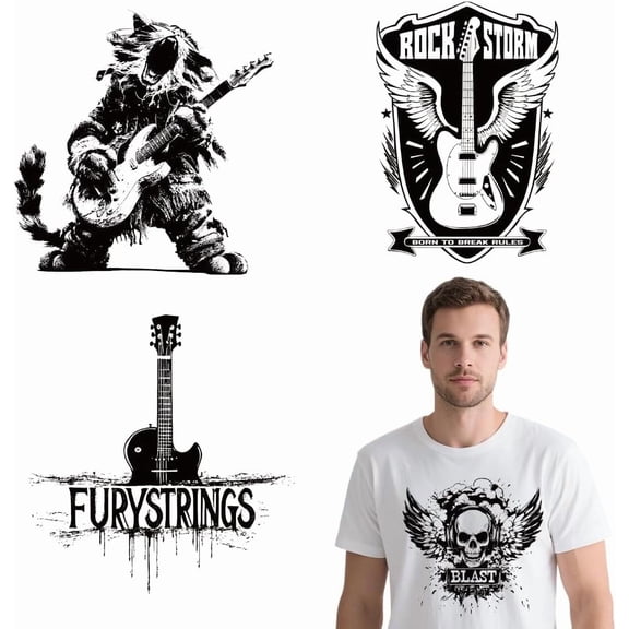 4 Sheets Rock Roll Theme Cloth Iron on Stickers Rock Cat Playing Guitar Heat Transfer Stickers Decals