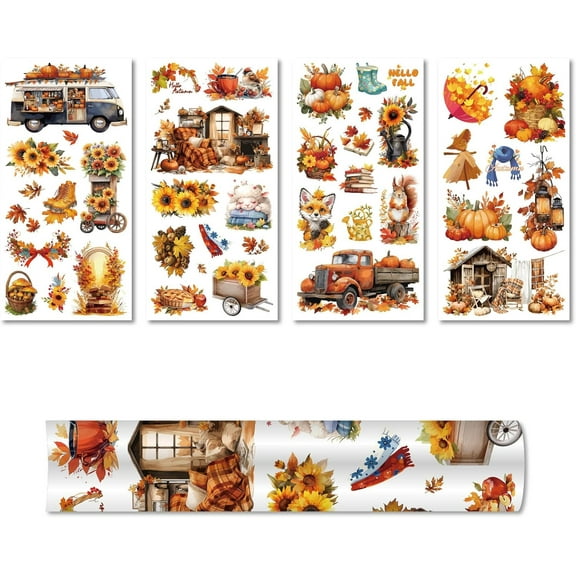 4 Sheets Rub on Transfers Furniture Crafts Autumn Pumpkin Rub On Transfer Floral Stickers Transfers Vintage Decals Waterproof for Wood Furniture Closet Decoration 11.8x5.9In for DIY