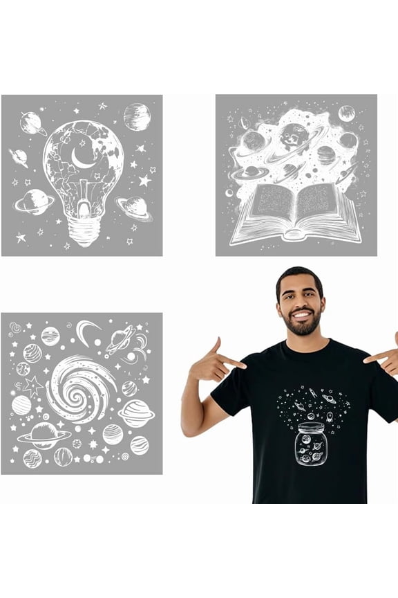 4 Sheets Science Celestial Cloth Iron on Stickers Glass Bulb Galactic Spiral Heat Transfer Stickers Decals for DIY T-Shirt Jeans Backpacks Families Clothing Hat Decoration Appliquec White