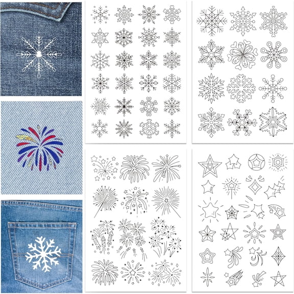 4 Sheets Snowflakes and Fireworks Water Soluble Stabilizer Christmas Hand Sewing Stabilizers with Pre Printed Stick and Stitch Stabilizer for Bags Cloth Embroidery Hand Sewing