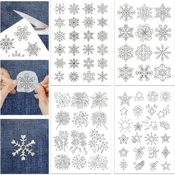 4 Sheets Snowflakes and Fireworks Water Soluble Stabilizer Hand Sewing Stabilizers with Pre Printed Stick and Stitch Self Adhesive Wash Away Stabilizer for Bags Cloth Embroidery Hand Sewing