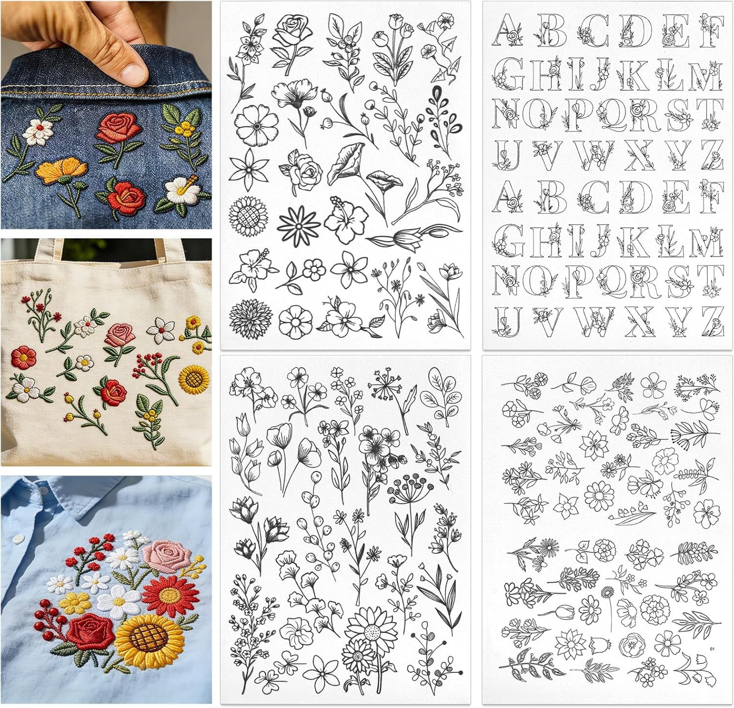 4 Sheets Stick and Stitch Embroidery Patterns, 8.5"x11" Water Soluble ...