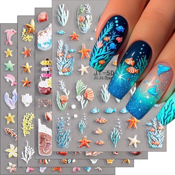 4 Sheets Summer Ocean Nail Art Stickers Decals 5D Embossed Self-Adhesive Seashell Seaweed Starfish Fish Sea Turtles Nail Stickers Summer Beach Nail Decals for Women DIY Manicure Supplies