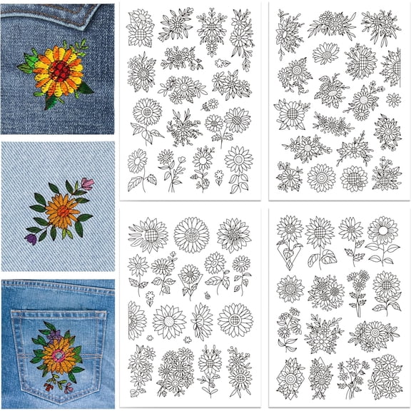 4 Sheets Sunflowers Pattern Water Soluble Embroidery Hand Sewing Stabilizers for Fabric Stitch Practice Embroidery Stickers Wash Away Stabilizers for Embroidery Beginners Lovers Mixed Color 1set