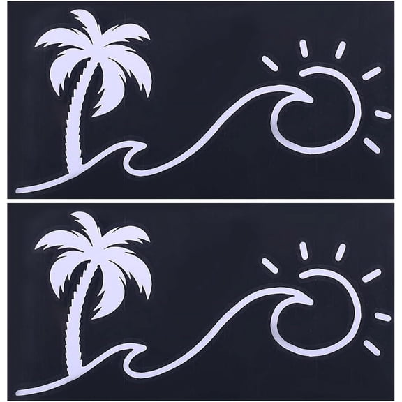 4 Sheets Sunset Graphics & Decals Sun and Wave Decal Palm Trees Wall Decal Waterproof Reflective Coconut Tree with Sun Car Decorative Decals White