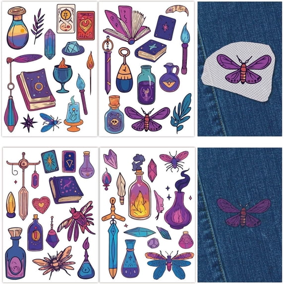 4 Sheets Tarot Magic Books Water Soluble Embroidery Patterns Boho Moth Sewing Stick and Stitch A4 Transfers Fabric Stabilizers Wash Away Pre-Printed Self Adhesive for Cloth DIY Lover