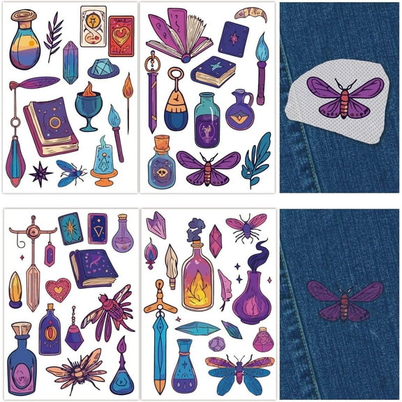 4 Sheets Tarot Magic Books Water Soluble Embroidery Patterns Boho Moth Sewing Stick and Stitch A4 Transfers Fabric Stabilizers Wash Away Pre-Printed Self Adhesive